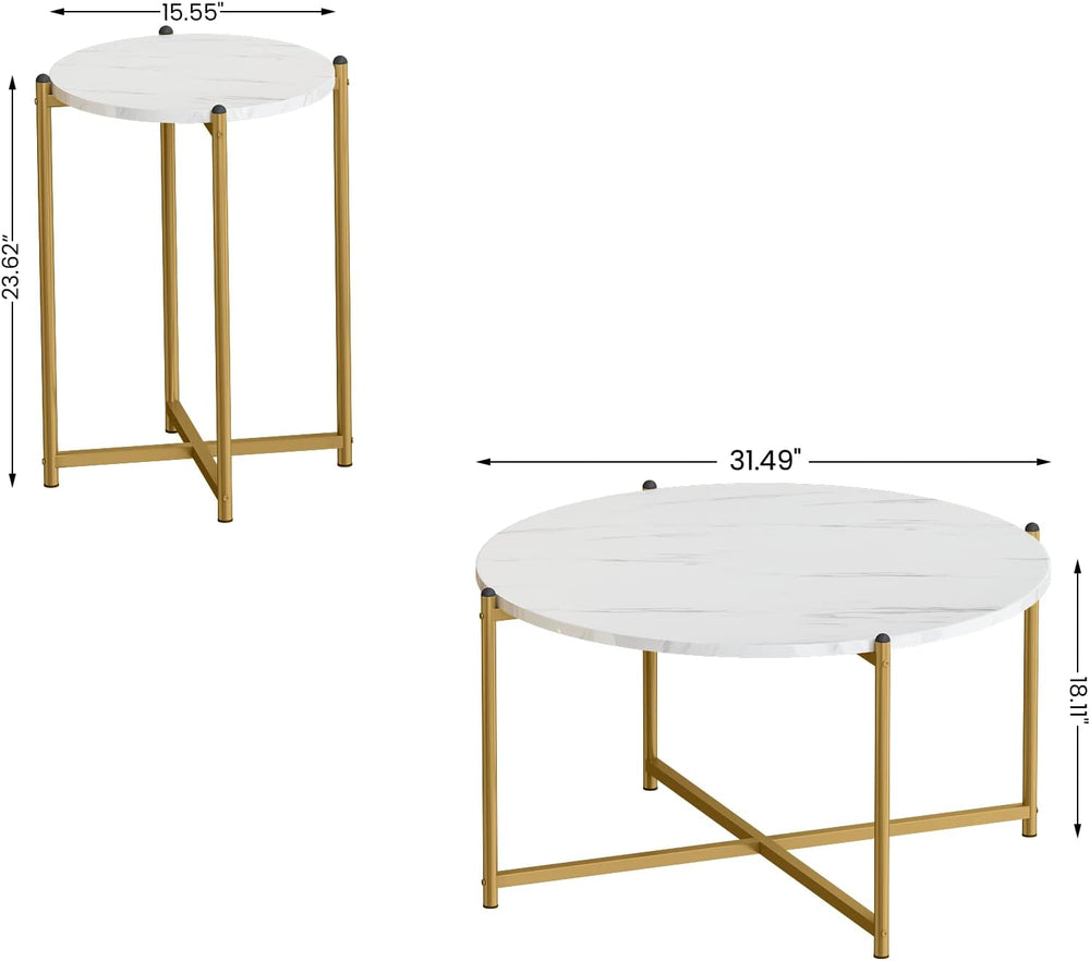 AWQM Faux Marble Coffee Table Set of 3, 1 Coffee Table & 2 Sofa Table, Ro...