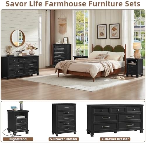 SAVOR LIFE Farmhouse 7 Drawer Dresser for Bedroom, Black