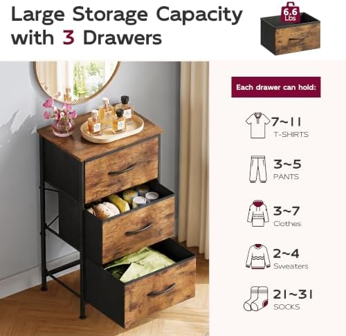 WLIVE Small Dresser Nightstand for Bedroom, 3 Drawers, Rustic Brown