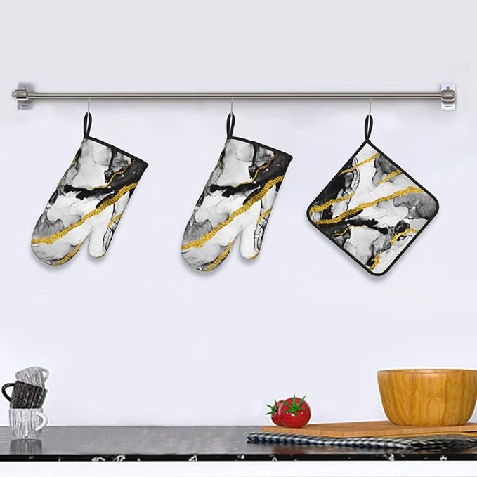 Black White Marble with Gold Stripes Oven Mitts and Pot Holders Set of 3 - Image 5