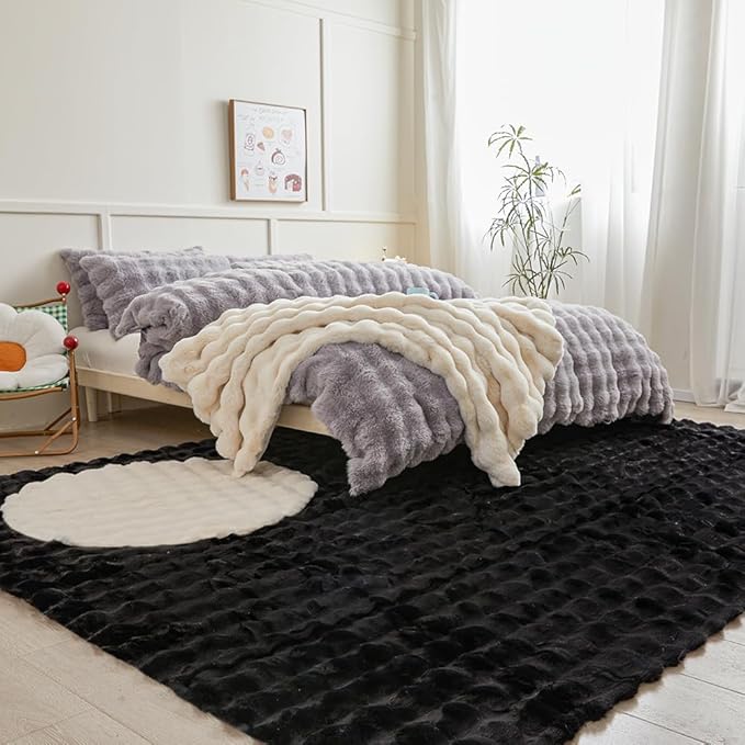 Black Rabbit Plush Rug 6'x9', Fluffy Faux Fur Shaggy Area Rug - Image 2
