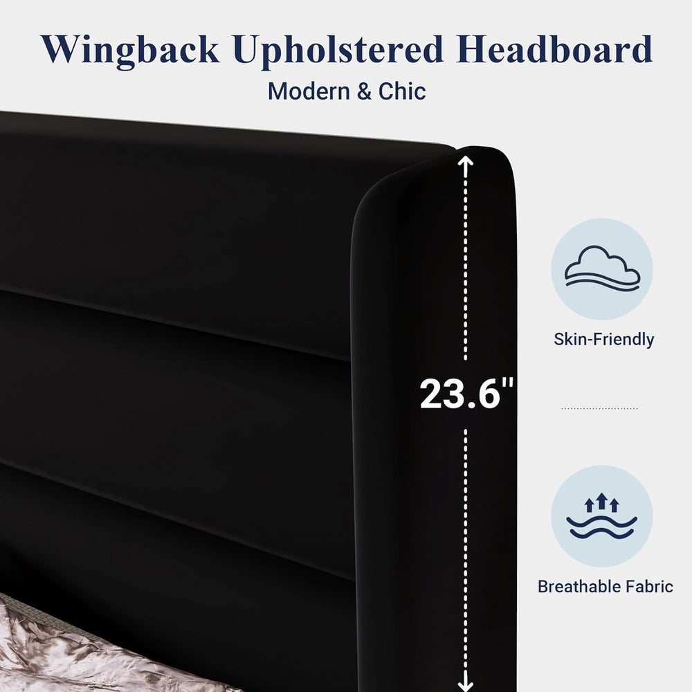Allewie Full Size Platform Bed Frame with Velvet Upholstered Wingback Headboa...