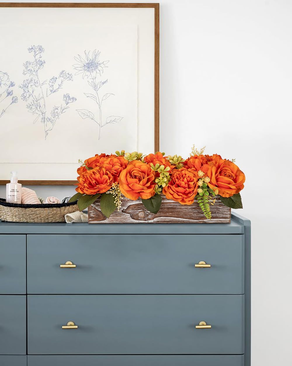 DILATATA Flower Arrangement with Wooden Vase 14" Artificial Flowers in P...
