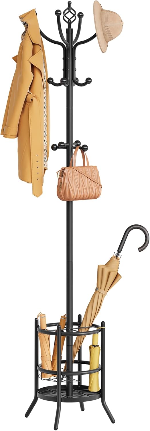 Tajsoon Coat Rack Stand with Umbrella Holder, Coat Tree Freestanding with 16 ...