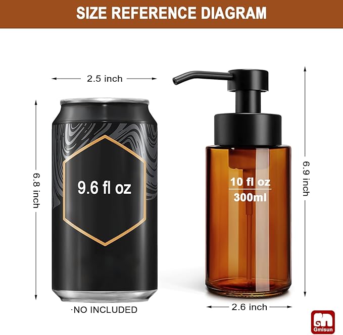 GMISUN Glass Foaming Soap Dispenser, 10 Fl oz / 300ml Amber Glass Soap Dispenser - Image 4