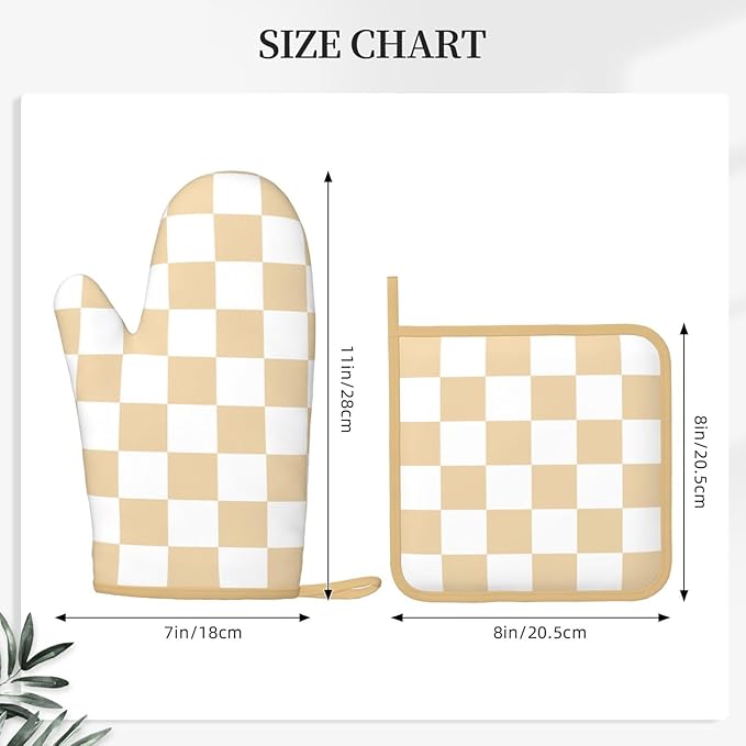 Checkered Beige Silicone Oven Mitts Pan Mats Set of 2, Heat Resistant Gloves - Image 3
