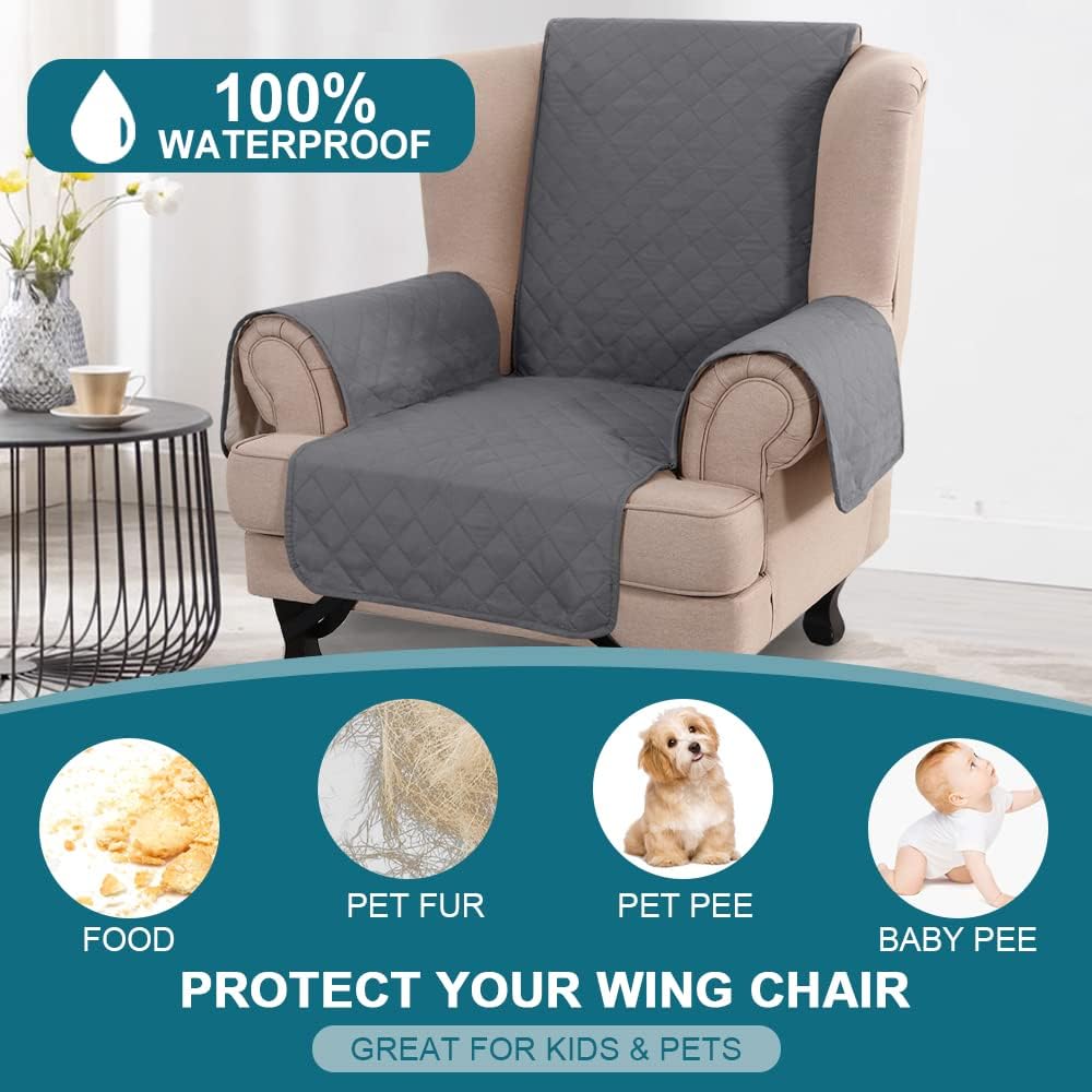 Turquoize 100% Waterproof Wing Chair Cover Wing Armchair Slipcovers, Gray