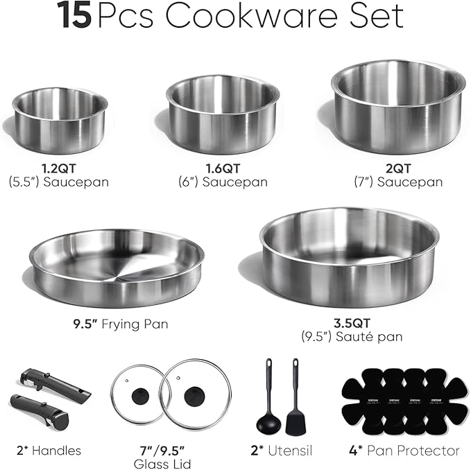 CAROTE Pots and Pans Set, Stainless Steel Cookware Set Detachable Handle