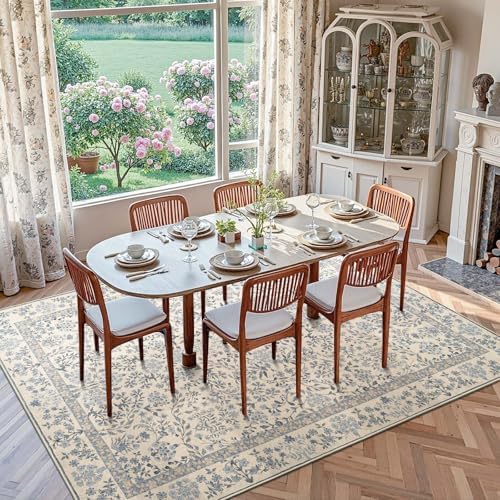 jinchan 8x10 Washable Living Room Area Rug, Vintage Floral, Blue/Cream