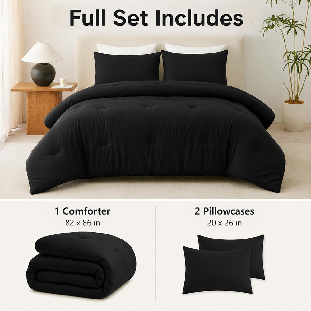 Full Comforter Set, 3 Pieces Down Alternative Bedding, Black