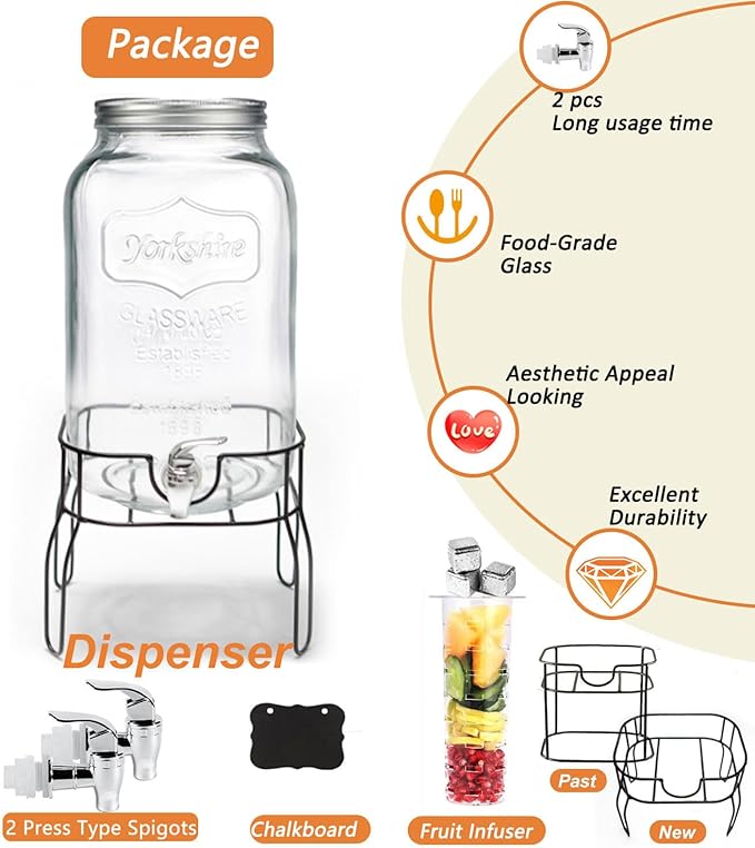 2 Gallon Drink Dispenser with 2 Press Type Spigot, Sun Tea Glass Mason Jar - Image 3