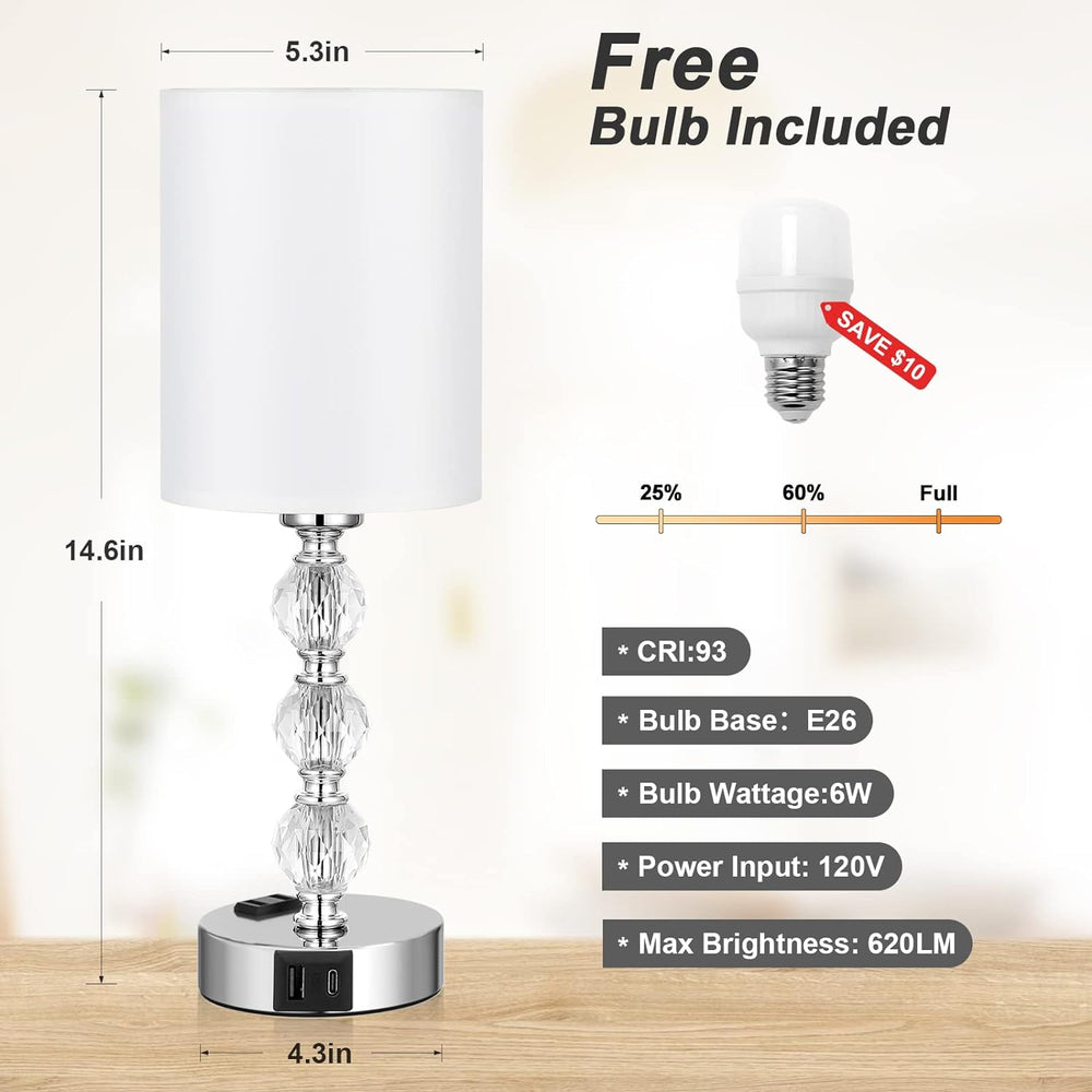 Crystal Touch Lamps for Nightstand, 3 Way Dimmable with Charging Station