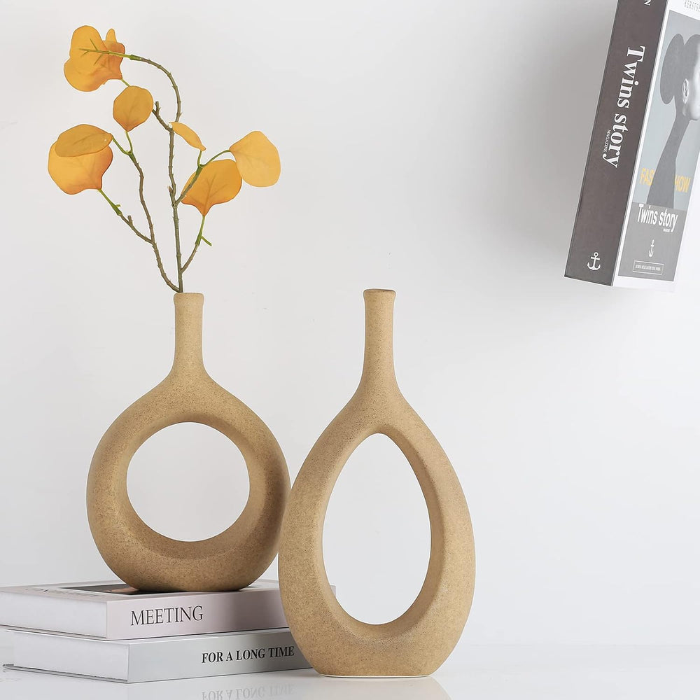 LCCCK Matte Beige Ceramic Vase, Tan Circle Vases with Hole, Neutral Rustic Ce...