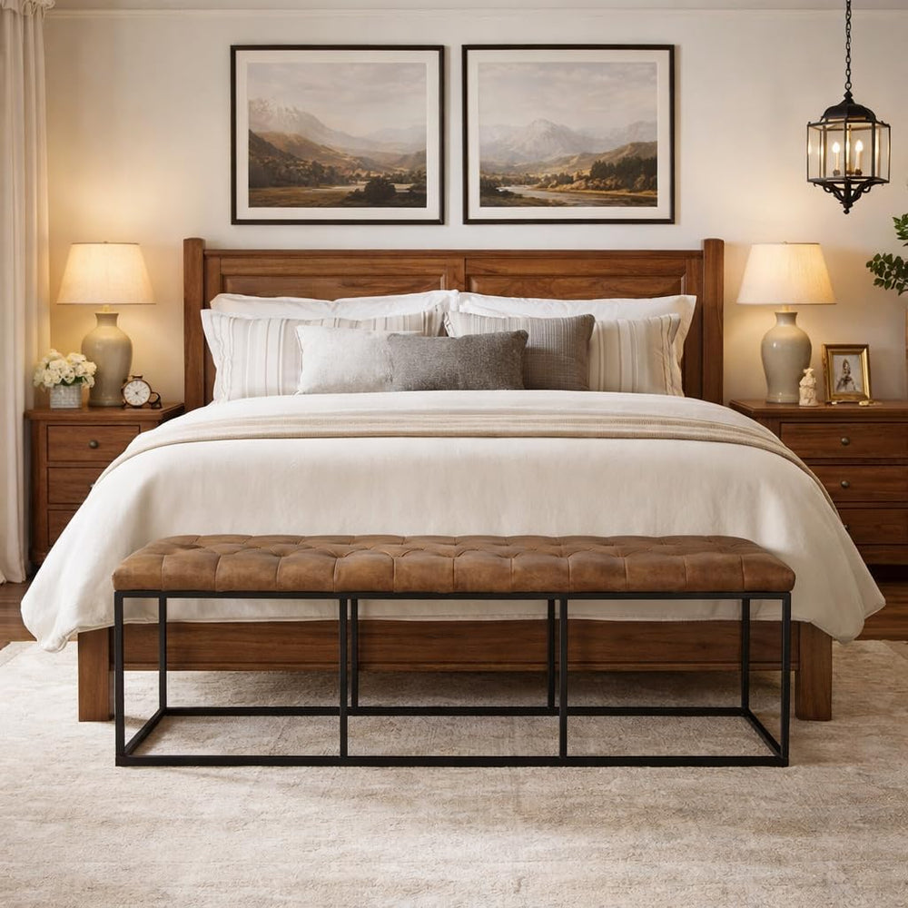 HomePop 58" Large Upholstered Bench - Light Brown PU Leather