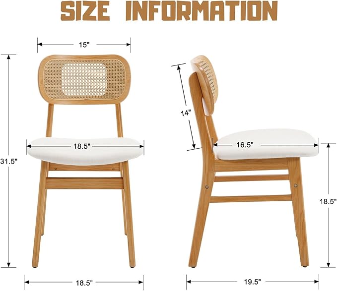 Rattan Dining Chairs Set of 2 Beige Linen Fabric Dining Room Chairs Natural W...