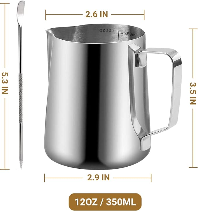 Milk Frothing Pitcher, 350ml/12oz Milk Frother Cup Stainless Steel Jug Steaming - Image 6