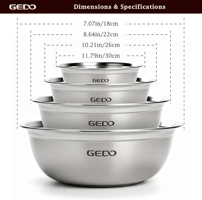 GEDO Stainless Steel 4 Piece Mixing Bowls Set, SUS316 Metal Nesting Bowls - Image 3