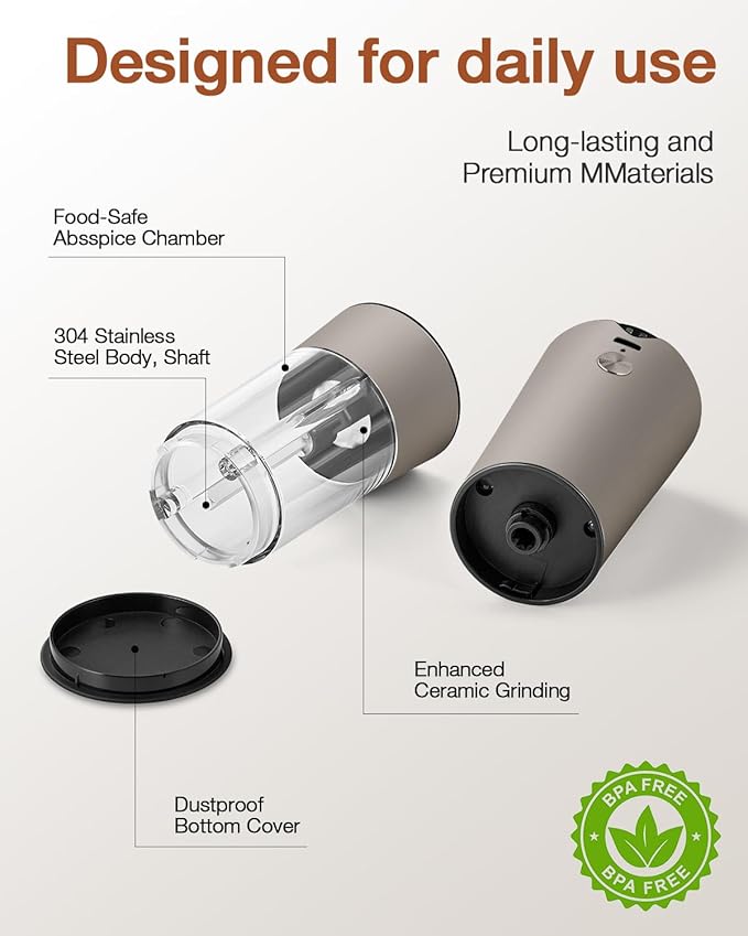 Electric Salt and Pepper Grinder Set, Stainless Steel Automatic Pepper Mill - Image 6