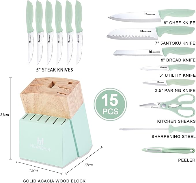 Green Knife Set, High Carbon German Stainless Steel Knife Block Set, Hand wash
