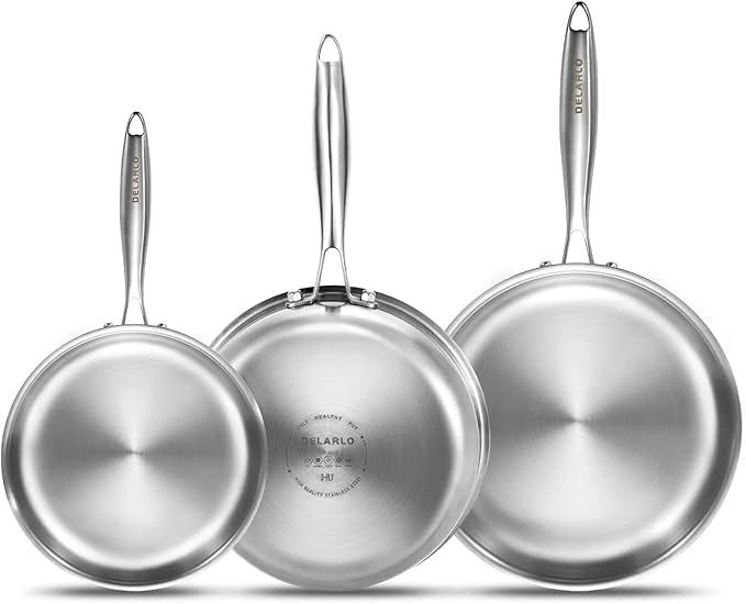 DELARLO Whole Body Tri-Ply Stainless Steel Frying Pan set, 8”/10”/12” Cooking by DELARLOCOOKWARE