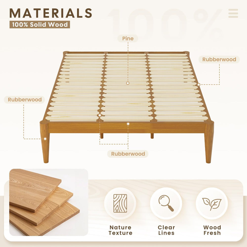 IOTXY Twin Platform Bed Frame - 16" Wood Mattress Foundation Base, Teak