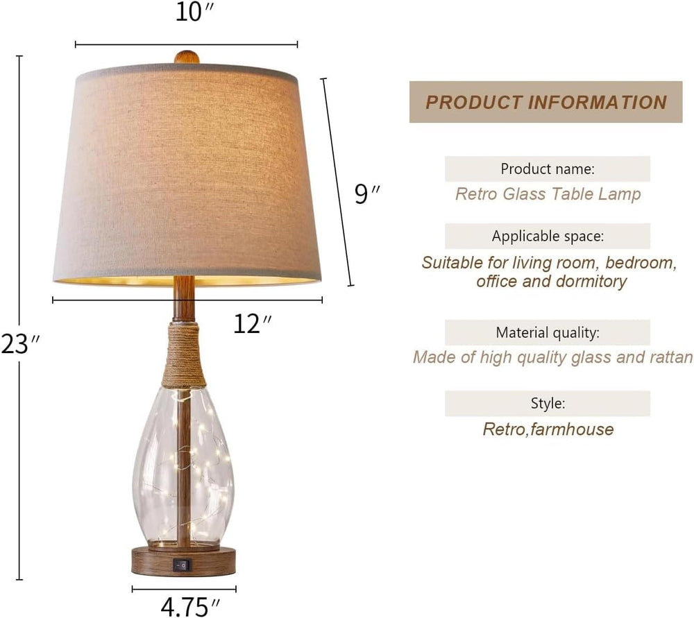 2 in 1 Bedside Table Lamps Set of 2, Farmhouse Glass Lamp, Wood-Like
