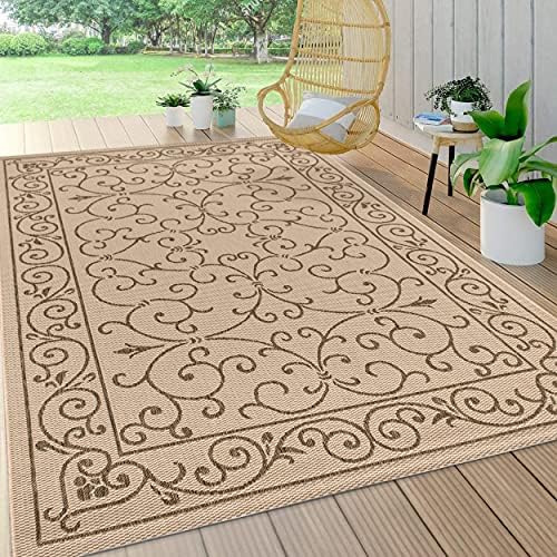 JONATHAN Y Vintage Filigree Indoor Outdoor Area Rug 5X8 Beige/Brown, Charlest...