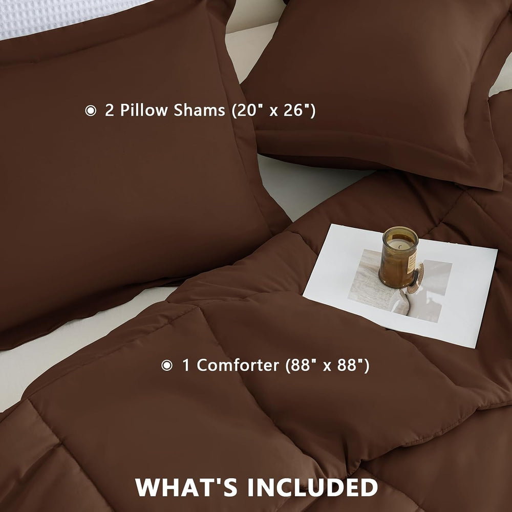 CozyLux Queen Size Comforter Set, 3-Piece Box-Stitched, Brown