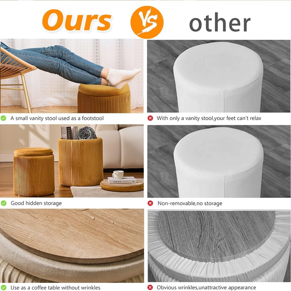 BLEXA Set of 2 Round Storage Ottoman, Yellow Velvet Ottoman with Storage