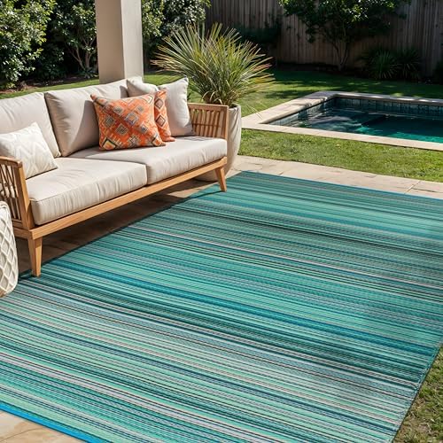 Rugshop Contemporary Stripe Patio Deck Backyard Area Rug Blue 5' x 7'