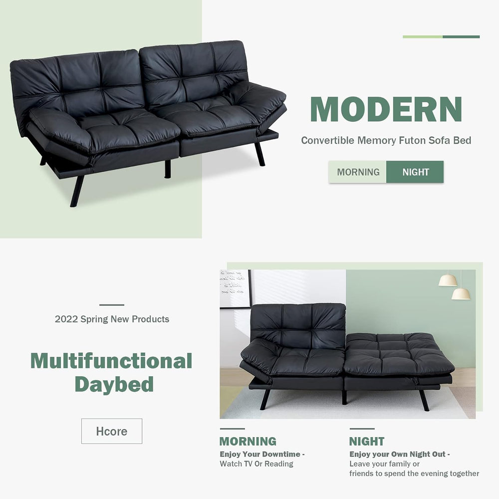 Hcore Convertible Futon Sofa Bed,Black Leather Memory Foam Loveseat Futons So...