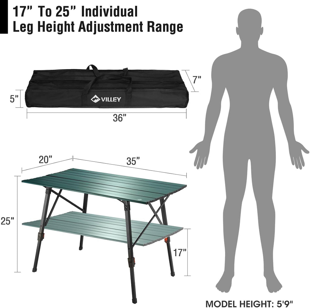 VILLEY Portable Camping Table with Adjustable Legs, Aluminum Folding Table