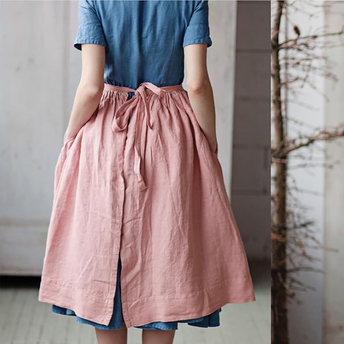 Cotton Linen Half Apron for Women Vintage Waist Apron Ruffle Plain Bright Color - Image 3