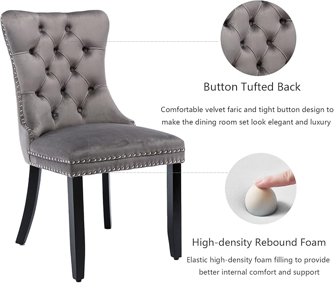 Grey Velvet Dining Chairs Set of 4, Upholstered Dining Room Chairs with Back ...