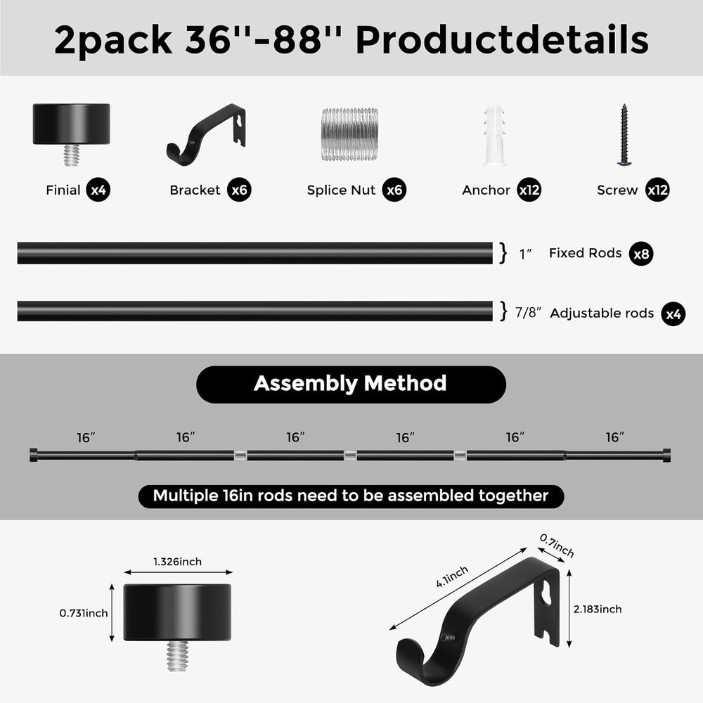 2 Pack Curtain Rods for Windows 48 to 84 Inch(4-7 Feet),Black 1'' Dia...