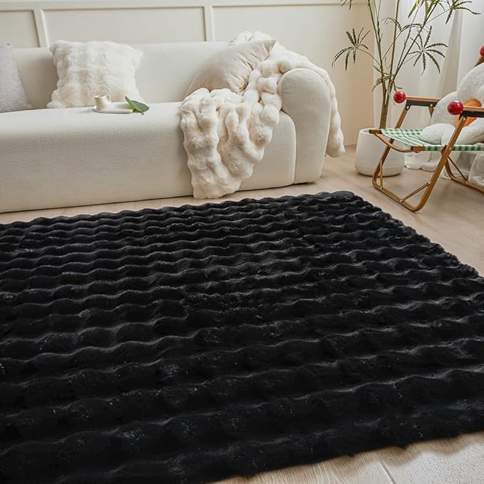 Black Rabbit Plush Rug 5'x8', Fluffy Faux Fur Shaggy Area Rug - Image 5
