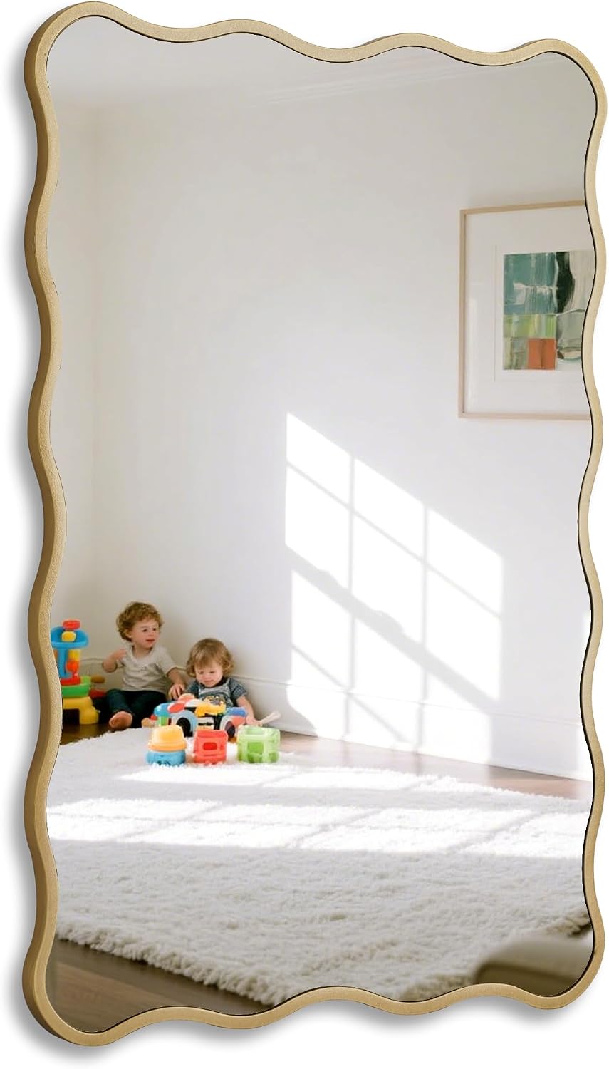 Gold Wavy Bathroom 20x30 Rectangle Scalloped Farmhouse Wall Mirror