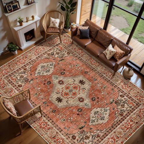 Oriental 8x10 Washable Area Rugs for Living Room, Boho Non Slip Large Rug