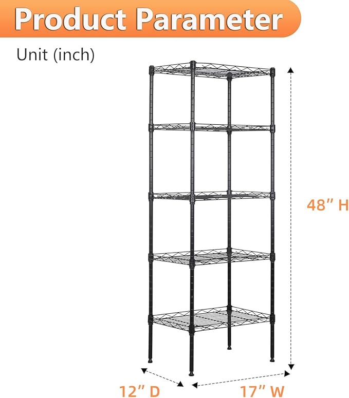 BestOffice | 5-Tier Wire Storage Shelves | 17x12x48 | Black | - Image 3