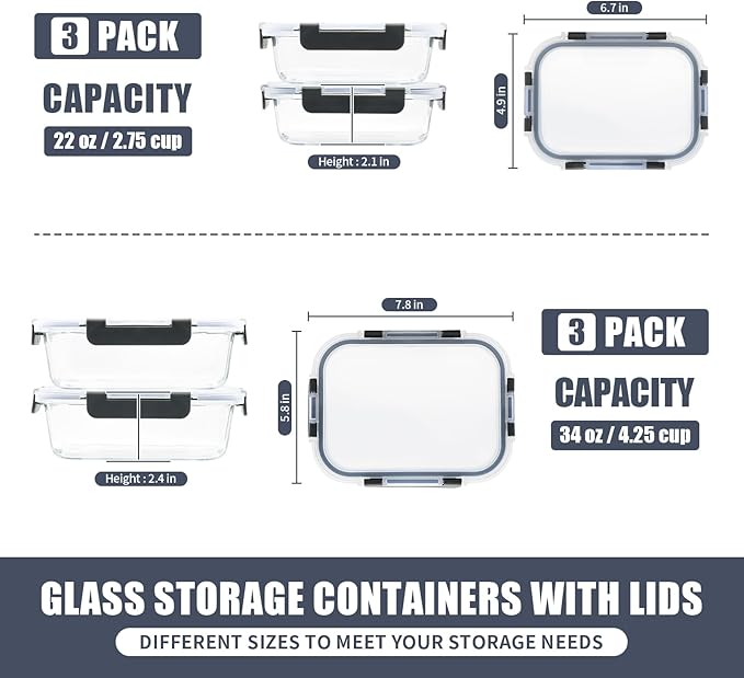 GULFLIN 6 Pack Glass Meal Prep Containers, Food Storage Containers, Airtight - Image 2