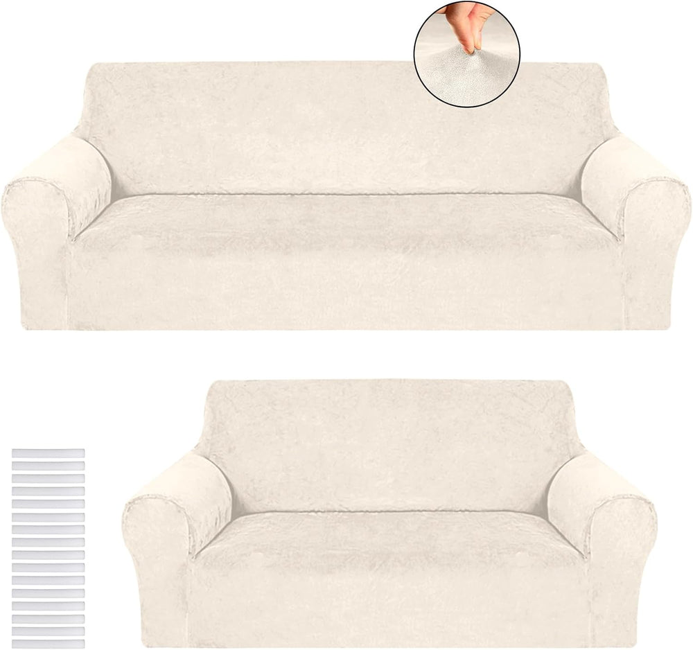 Peryiter 2 Pcs Couch and Loveseat Sofa Covers,Beige,Velvet | Armchair Covers ...