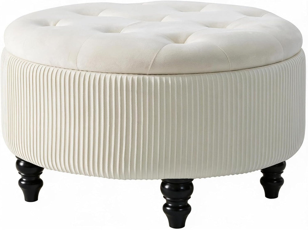 24Inch White Round Storage Ottoman, Upholstered Coffee Table | Modern Tufted ...