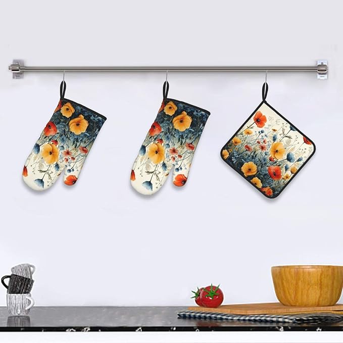 Colorful Wildflower Oven Mitts and Pot Holders Set of 3, Heat Resistant Non - Image 6