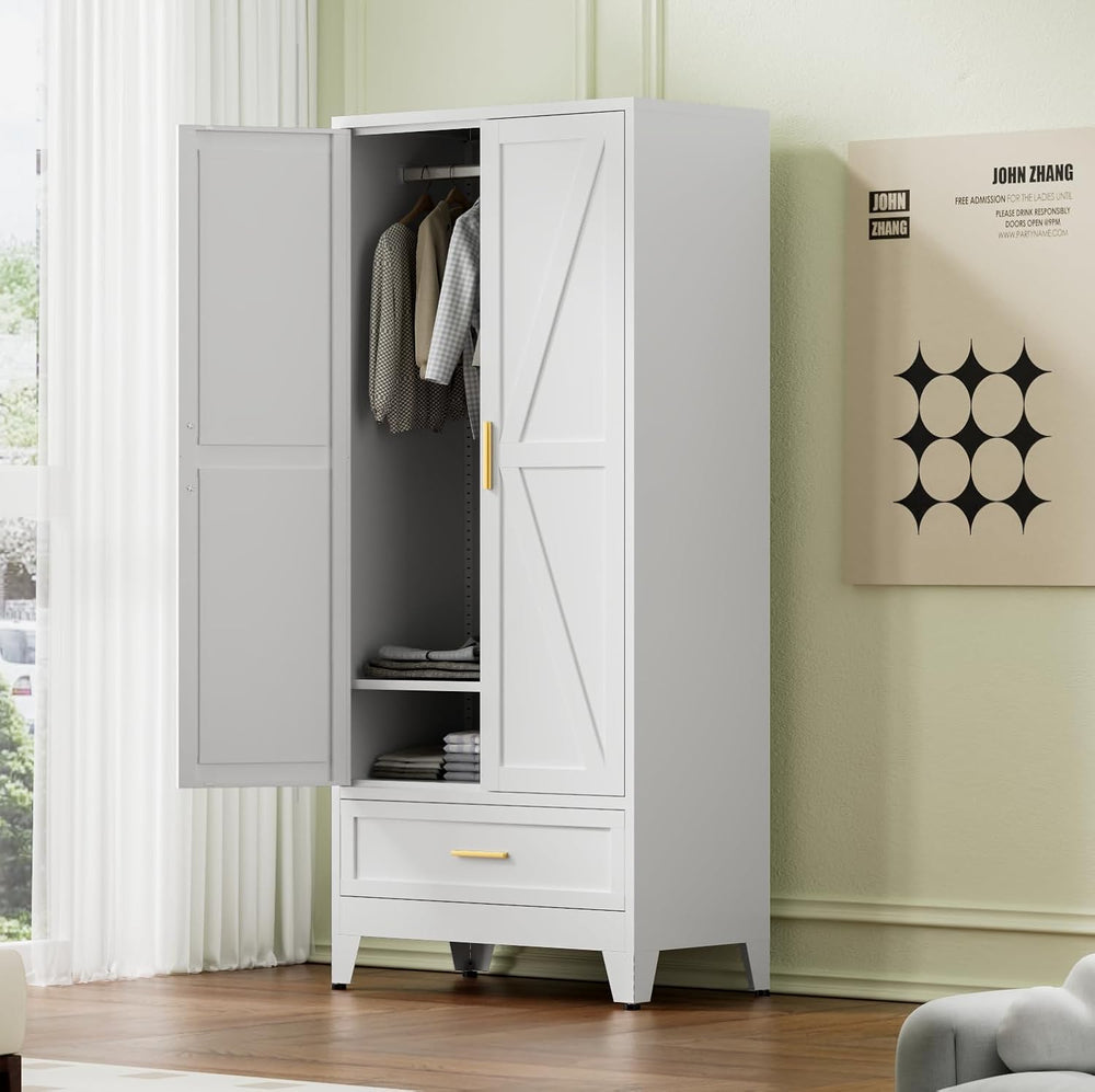 COFaR 71 Farmhouse Metal Wardrobe Closet with Hanging Rod, 2 Barn Doors, Adju...
