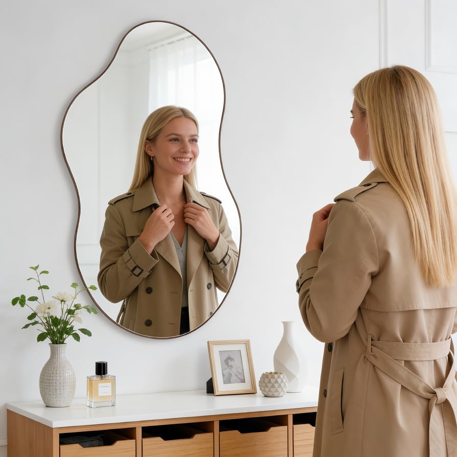 SHYFOY Large Irregular Wall Mirror,43" Decorative Wavy Antique-Gold Mirror
