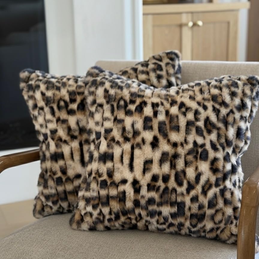 Skye's Ruched Faux Fur Pillow Covers, Set of 2, 18 x 18, Leopard | No-shed fabric, double sided, hidden zipper closure, durable inner lining, ultra-soft texture, thick and plush feel