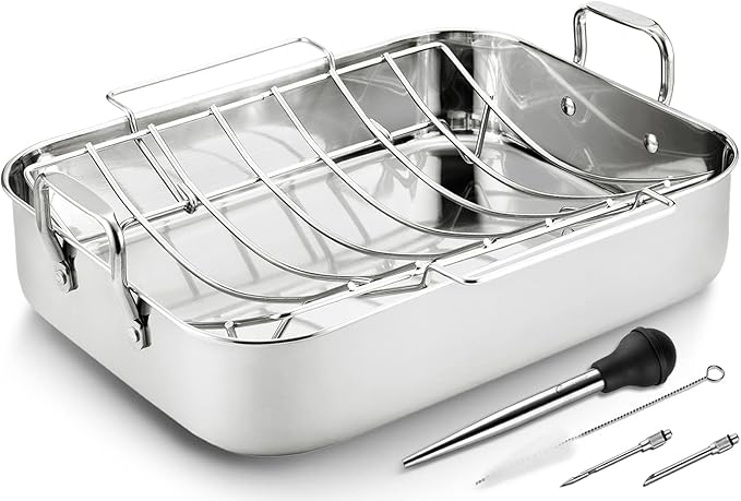 JY COOKMENT Roasting Pan with Baking Rack, 16.5 Inch Stainless Steel Turkey by JYCOOKMENT