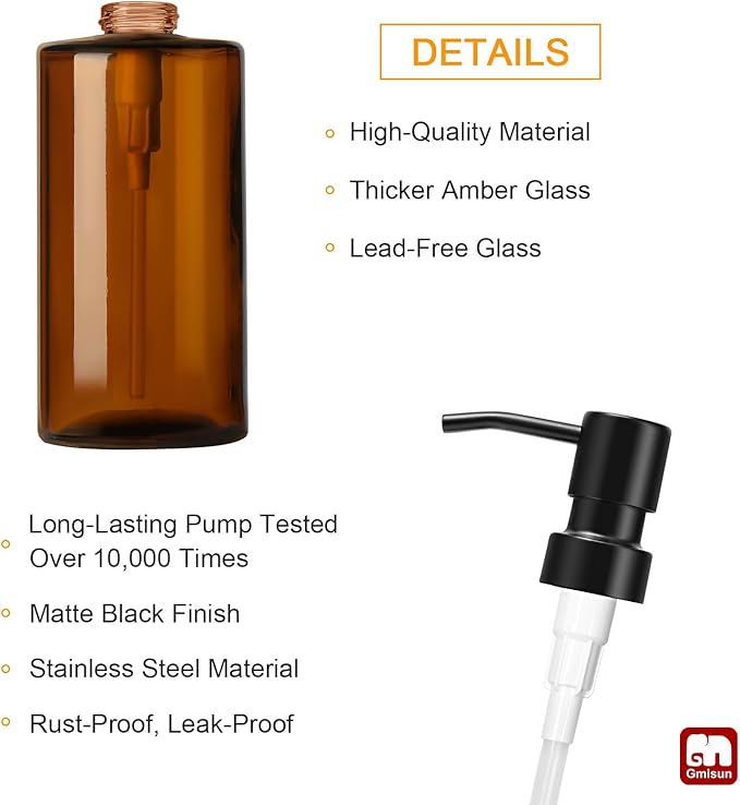 GMISUN Amber Glass Soap Dispenser, Hand Soap Dispenser - Image 3
