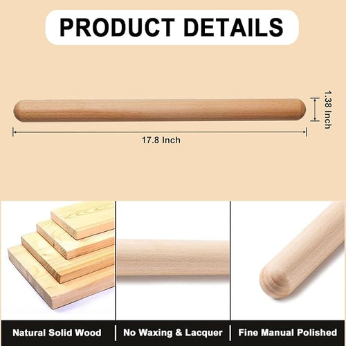 17.78 Inches French Rolling Pin, Extra-long Wood Rolling Pin - Image 2