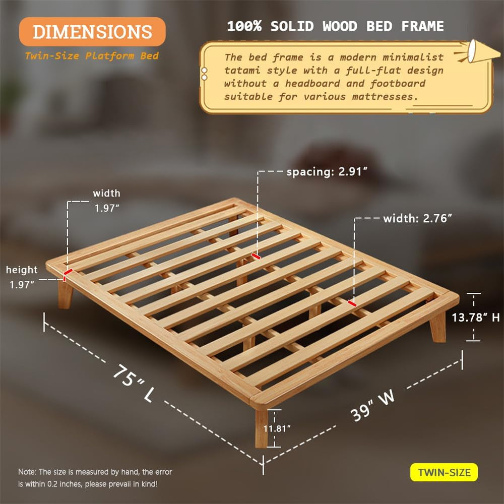 NELYE Twin Wood Platform Bed Frame, 14 Inch Bed Base, Oak